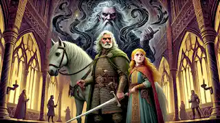 Askeladden y la princesa confrontan al malvado hechicero en el gran salón del castillo.