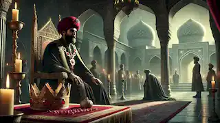Nasir al-Din Shah se encuentra en el santuario de Shah Abdol-Azim momentos antes de su asesinato, con la Corona de Rubí a su lado.