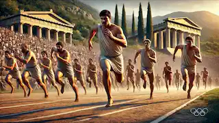 Atletas corriendo en la carrera del estadio, con Echemos liderando la competencia.