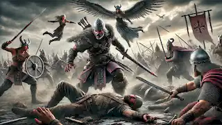 Sigurd se bat pour l'emporter avec acharnement, tandis qu'une Valkyrie, Brynhildr, observe la scène depuis les cieux au milieu d'un champ de bataille chaotique.