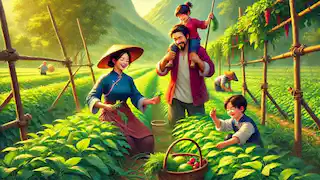 Niulang e Zhinu trabalham felizes na fazenda com seus dois filhos.