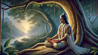 El príncipe Bhagiratha meditando bajo un árbol, buscando la intervención divina para el descenso del río Ganges.