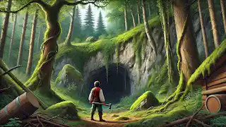 Cemşab se queda maravillado a la entrada de una cueva oculta en un denso bosque, sosteniendo un hacha en una mano.