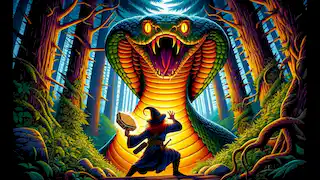 Tunde frente a una gigantesca serpiente en el bosque.
