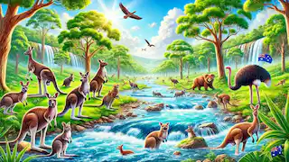 El paisaje vibrante restaurado con ríos caudalosos y animales felices.