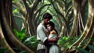 María y Juan se encuentran en secreto bajo la sombra de antiguos árboles de Balete, abrazándose en medio del dolor y el amor.