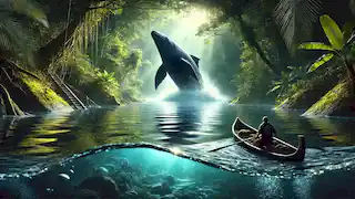 Una enorme serpiente llamada Boiúna surge del río Amazonas mientras Miguel ofrece frutas desde su canoa, bajo el dosel de la selva.