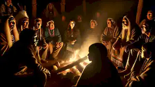 Los ancianos de la aldea se sientan alrededor de un fuego por la noche, discutiendo las señales del Skinwalker mientras las sombras parpadean a su alrededor.