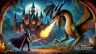 Le prince Philippe fait face à Maléfique sous la forme d'un dragon, à l'extérieur du château enchanté, entouré par une forêt sombre.