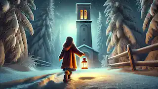 Clara geht durch den Schnee und hält eine Laterne in der Hand. Sie nähert sich einem hohen Glockenturm, der von von Mondlicht beschienenen Bäumen umgeben ist.