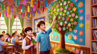 Talia coloca una hoja de papel en el Árbol de la Amabilidad en la pared del aula.