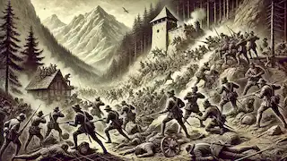 La Batalla de Morgarten, donde los luchadores suizos emboscan a los soldados de Habsburgo en un paso montañoso.