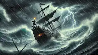 El barco de Malin Kundang se ve atrapado por una tormenta en el mar, con olas violentas y relámpagos que desgarran la embarcación.