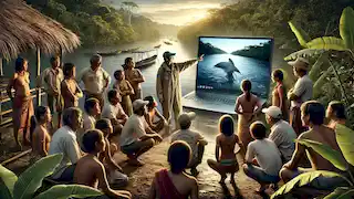 Un biólogo marino comparte fotos y datos sobre la Piraíba con los curiosos habitantes de un pueblo cercano al río Amazonas.
