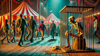 El débil artista del hambre se sienta en una pequeña jaula en el circo, ignorado por una multitud que se dirige hacia la carpa principal.