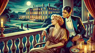John et Kismine partagent un moment paisible sur le balcon du manoir, sous un ciel éclairé par la lune, tiraillés entre l'amour et les secrets.