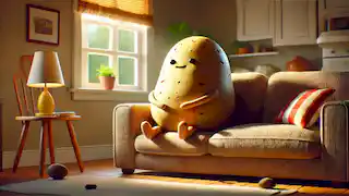 Spud está sentado en el sofá, mirando tranquilamente hacia la ventana después de un día al aire libre.