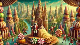 Marie und der Nussknackerprinzen im Reich der Süßigkeiten, umgeben von einer Landschaft aus Süßigkeiten und Darstellern, die feiern.