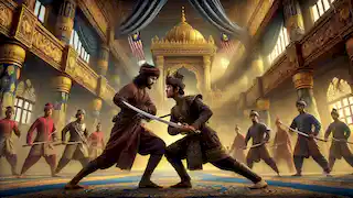 Hang Tuah y Hang Jebat se enzarzan en un feroz duelo dentro del opulento palacio del sultán, rodeados de guardias reales.
