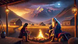 Arman y Aksakal conversan junto al fuego, mientras Kyzyl To brilla suavemente en el fondo en el crepúsculo.