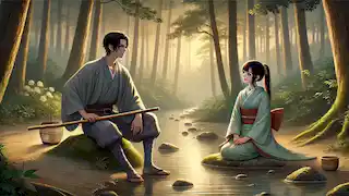 Kage, transformado en un joven, se sienta junto a un arroyo en el bosque con Aiko mientras el sol se pone detrás de ellos.