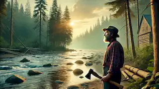 Un anciano Liam se encuentra junto a la ribera al atardecer, sosteniendo su hacha y reflexionando sobre su vida de honestidad.