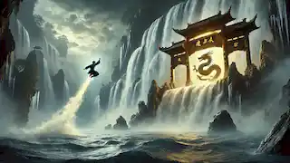 Li salta sobre la cascada hacia la resplandeciente Puerta del Dragón, su cuerpo transformándose en un poderoso dragón.