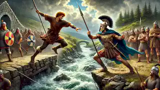 Cú Chulainn en un combate singular en un angosto vado, empuñando la Gáe Bulg contra un guerrero de Connacht, en un exuberante paisaje irlandés.