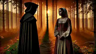 Leona habla con un misterioso extraño en un claro del bosque medieval al anochecer, donde las largas sombras de los árboles se alargan.