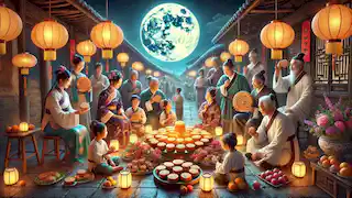 Las familias se reúnen bajo la luna llena, disfrutando de pasteles de luna y farolillos, mientras los ancianos comparten historias.