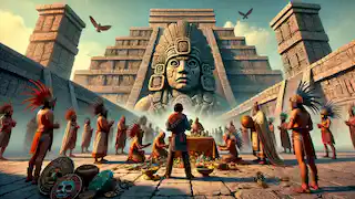 Atl se presenta ante los altos sacerdotes en el gran templo de Tlaloc en Teotihuacan, rodeado de ofrendas ceremoniales.
