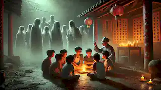Un anciano cuenta historias de fantasmas a los niños bajo un cielo nocturno brumoso, con figuras sombrías cerca de un altar ardiente en el fondo.