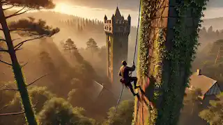 Un príncipe subiendo por una alta torre de piedra cubierta de hiedra, utilizando una larga cuerda, rodeado de un bosque tranquilo.