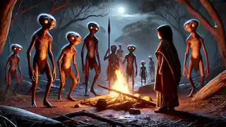 Lila se encuentra con un grupo de Pukwudgies junto a su fogata en el desierto australiano durante la noche.