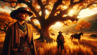 Un momento tranquilo junto a un antiguo roble donde Calamity Jane y su aliada intercambian una mirada, en medio de vibrantes tonos otoñales.