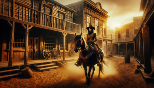 Calamity Jane montando a caballo en un polvoriento pueblo fronterizo, rodeada de rústicas estructuras de madera.