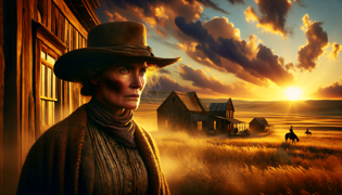 Calamity Jane se mantiene firme en una pradera azotada por el viento bajo un radiante cielo de tarde, encarnando la redención.