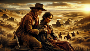 Calamity Jane ayuda a un colono febril en un modesto asentamiento fronterizo bajo un vasto cielo azul.