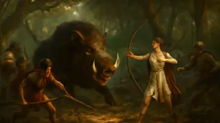 The monstrous Calydonian Boar charges at Greek heroes in a tangled ancient forest.