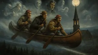 Una canoa llena de viajeros avanza velozmente entre nubes brumosas mientras sombras diabólicas se arremolinan debajo.