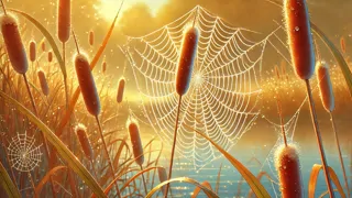 Araña reluciente tendiendo su tela entre los juncos bajo la luz de la mañana