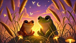 Rana y topo liberando luciérnagas como linternas al atardecer