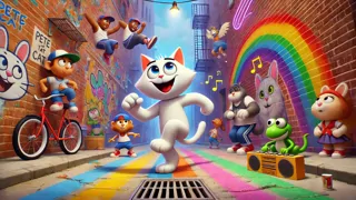 Pete el Gato bailando con break dancers y tocando una especie de xilófono gigante en un callejón adornado con murales.
