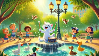 Pete el Gato tocando la batería en el borde de una fuente, mientras gorriones, patos y visitantes del parque se unen a la fiesta.