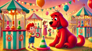 Clifford ofreciéndole su pata para ayudar a un niño en un juego del carnaval en el bullicioso paseo central.