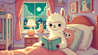 Llama Llama acurrucado en la cama con su libro favorito, mientras la suave luz de la lámpara ilumina su cuento antes de dormir.