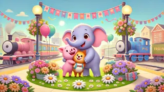 Elefante y Cerdita despidiéndose con la mano, mientras les espera una sorpresa