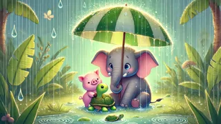 Un elefante y un cerdito refugiándose bajo un paraguas gigante bajo la lluvia.
