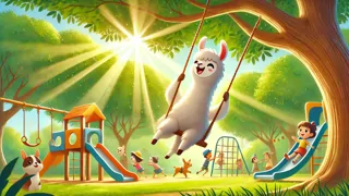 Llama Llama balanceándose alto en un columpio del parque bajo árboles con sombra, con un parque infantil brillante al fondo.