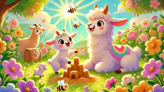 Llama Llama jugando con sus amigos entre flores en flor y abejas zumbando en un jardín soleado.